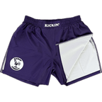 Kickin' Combat "Origins" purple high cut gladiator MMA fight shorts folded