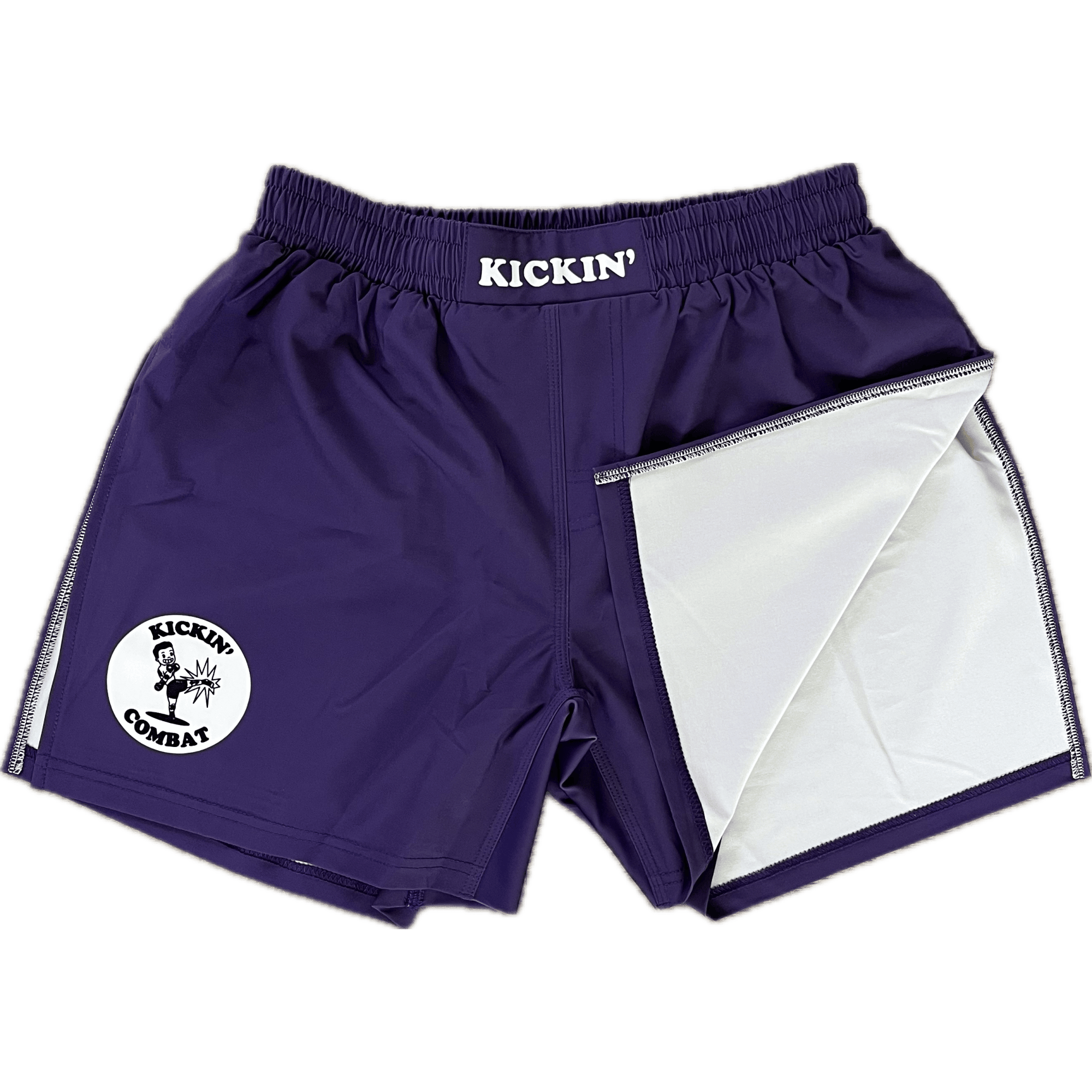 Kickin' Combat "Origins" purple high cut gladiator MMA fight shorts folded