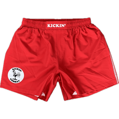 Kickin' Combat "Origins" red high cut gladiator MMA shorts unfolded