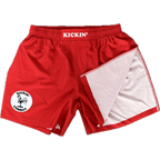 Kickin' Combat "Origins" red high cut gladiator MMA fight shorts folded