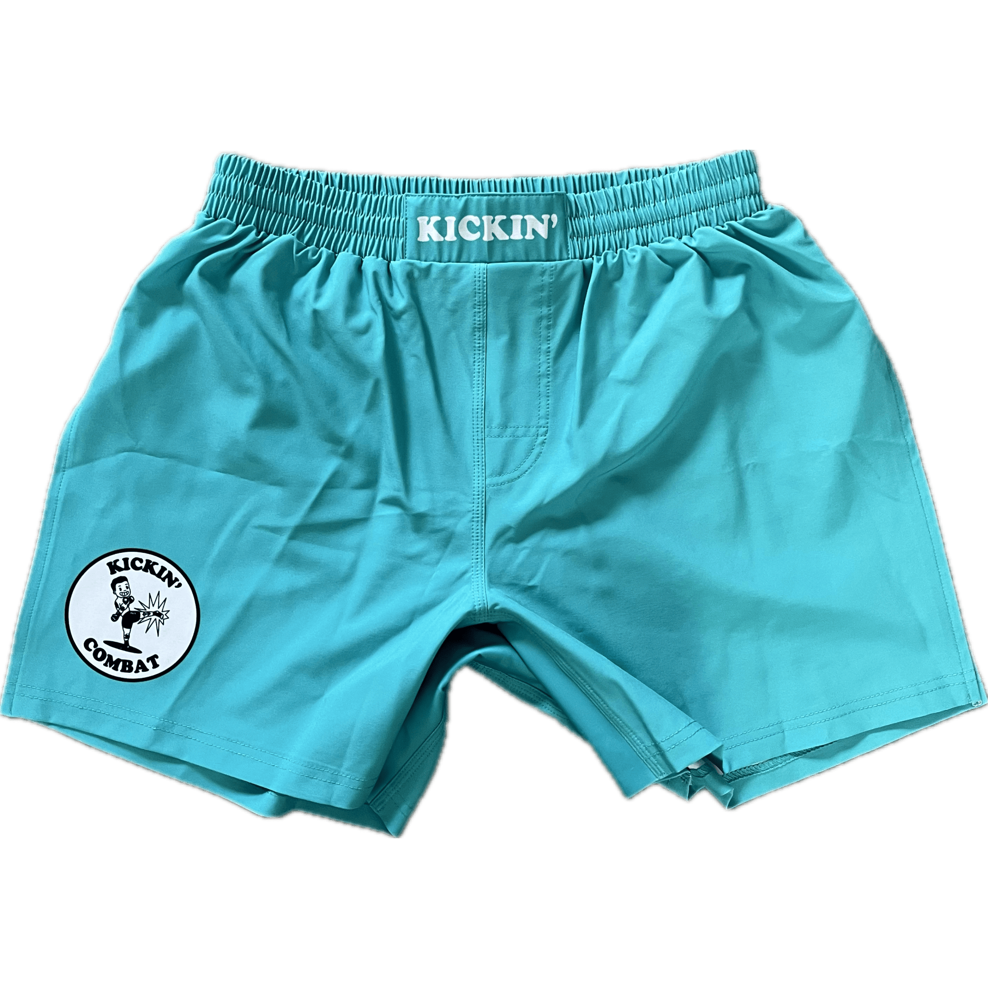 Kickin' Combat "Origins" teal high cut gladiator MMA fight shorts unfolded