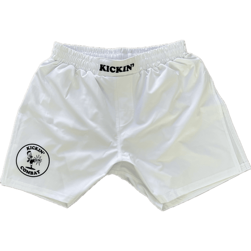 Kickin' Combat "Origins" white high cut gladiator MMA fight shorts unfolded