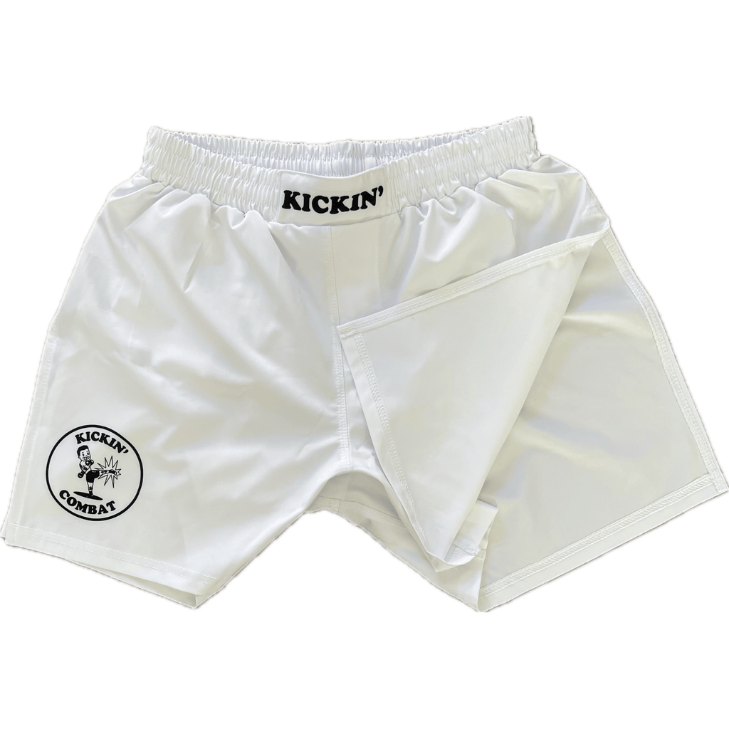 Kickin' Combat "Origins" white high cut gladiator MMA fight shorts folded