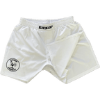 Kickin' Combat "Origins" white high cut gladiator MMA fight shorts folded