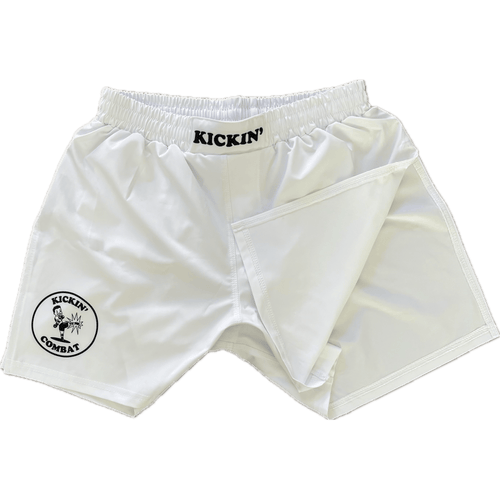 Kickin' Combat "Origins" white high cut gladiator MMA fight shorts folded