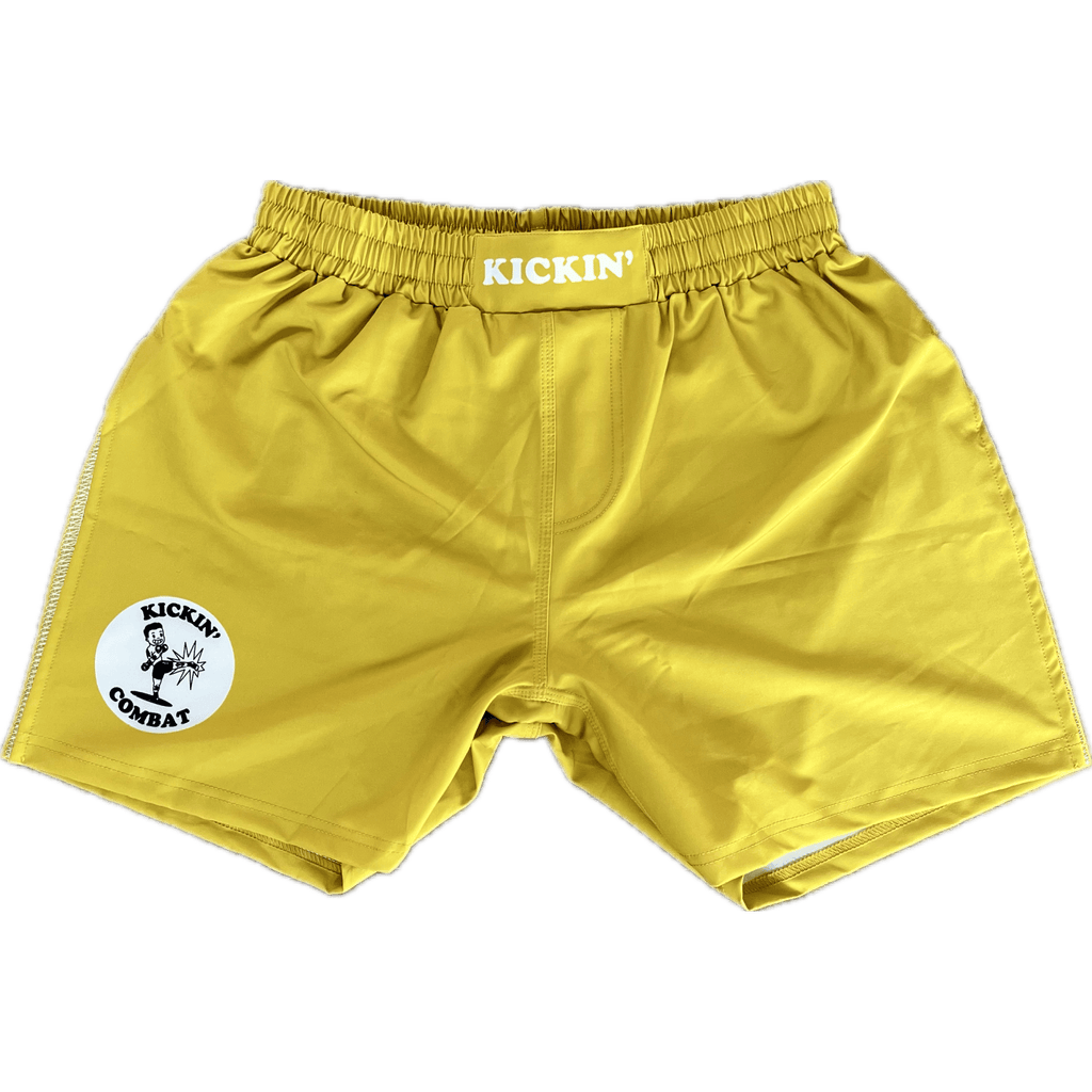 Kickin' Combat "Origins" yellow high cut gladiator MMA fight shorts unfolded