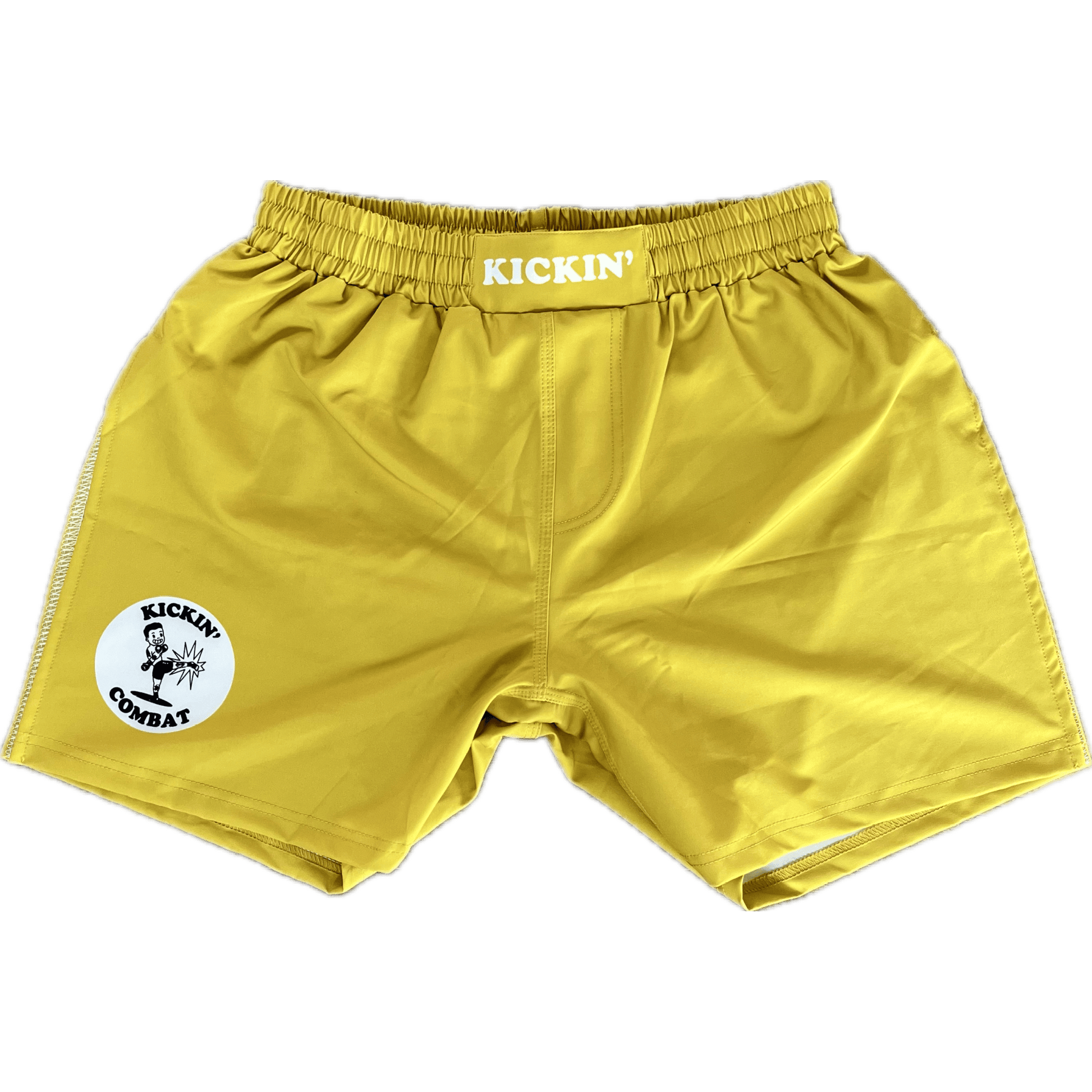 Kickin' Combat "Origins" yellow high cut gladiator MMA shorts unfolded