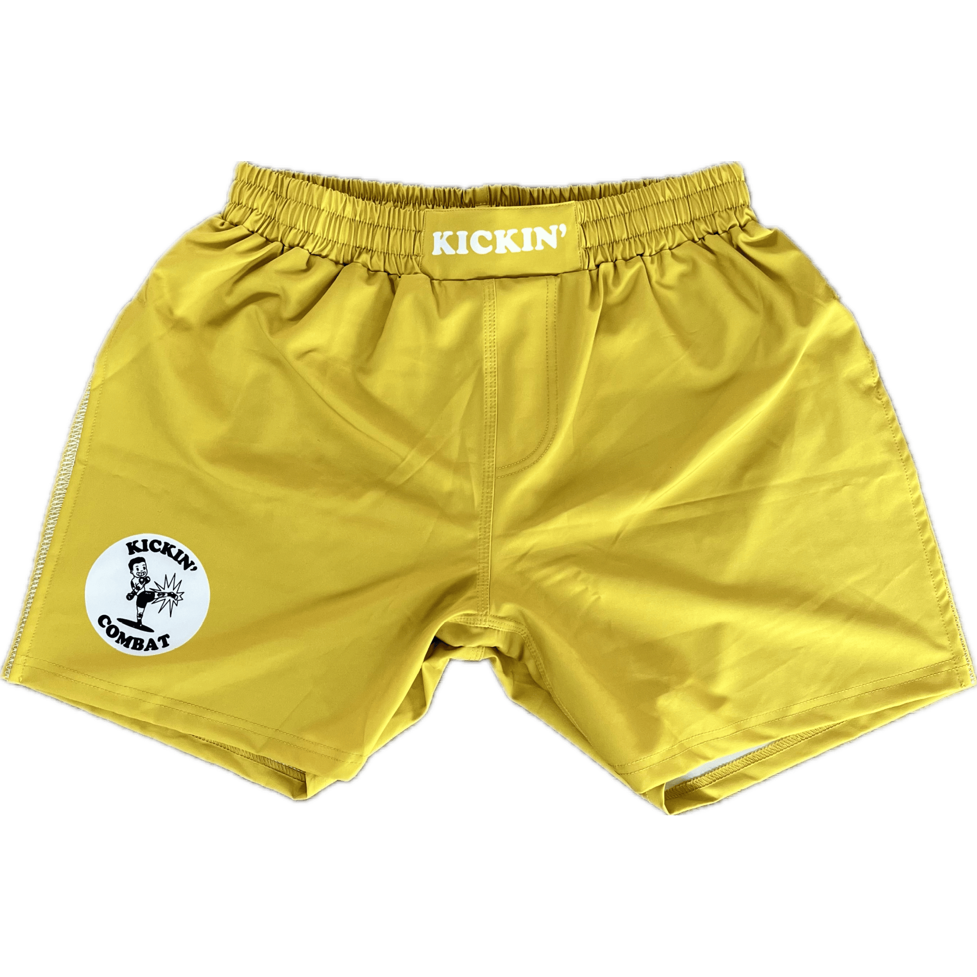 Kickin' Combat "Origins" yellow high cut gladiator MMA fight shorts unfolded