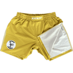 Kickin' Combat "Origins" yellow high cut gladiator MMA fight shorts folded