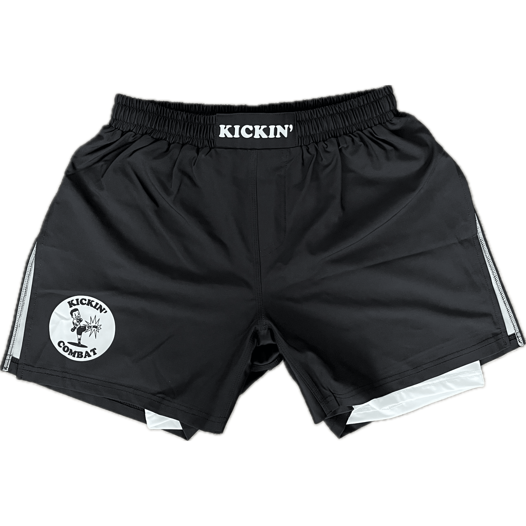 Kickin' Combat "Origins Hybrid" black high cut gladiator MMA fight shorts with white internal compression layer unfolded