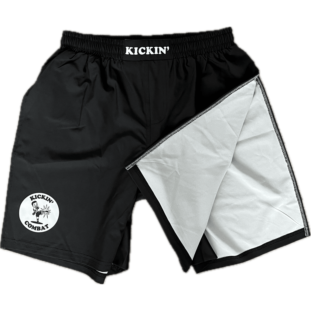 Kickin' Combat "Origins Plus" high cut gladiator MMA fight shorts with longer inseam folded