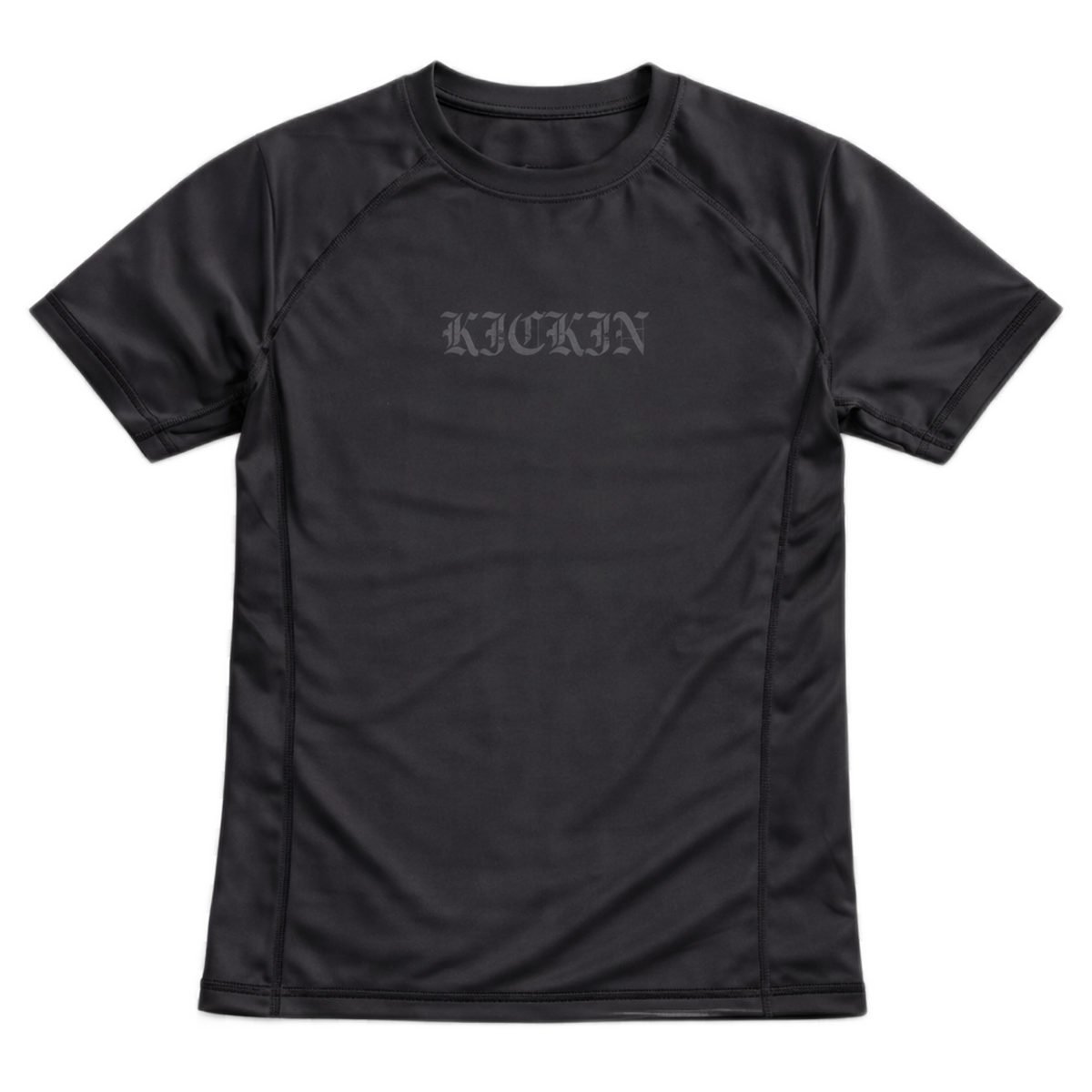 Black short sleeve BJJ jiu jitsu rashguard with Old English font logo reading "KICKIN" on chest